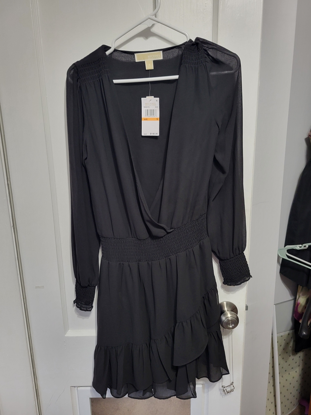 Nwt Michael Kors Black V-Neck Smocked Waist Long-Sleeve Mini Dress Small